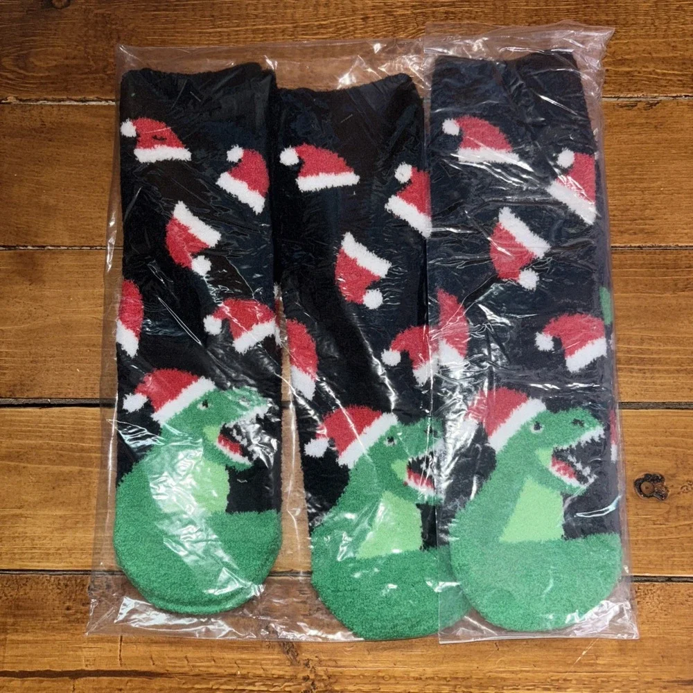 Cozy Cabin‎ Aloe Boot Socks Christmas Holiday Dinosaur Women's Family 3 Pack NEW